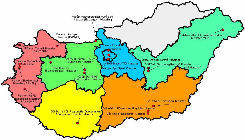 A REGIONÁLIS INNOVÁCIÓS POTENCIÁL ELEMEI 119 2.27. ábra A magyarországi klaszterkezdeményezések székhelyei régiónként Forrás: GKM, Technológia-politikai Főosztály (2002).