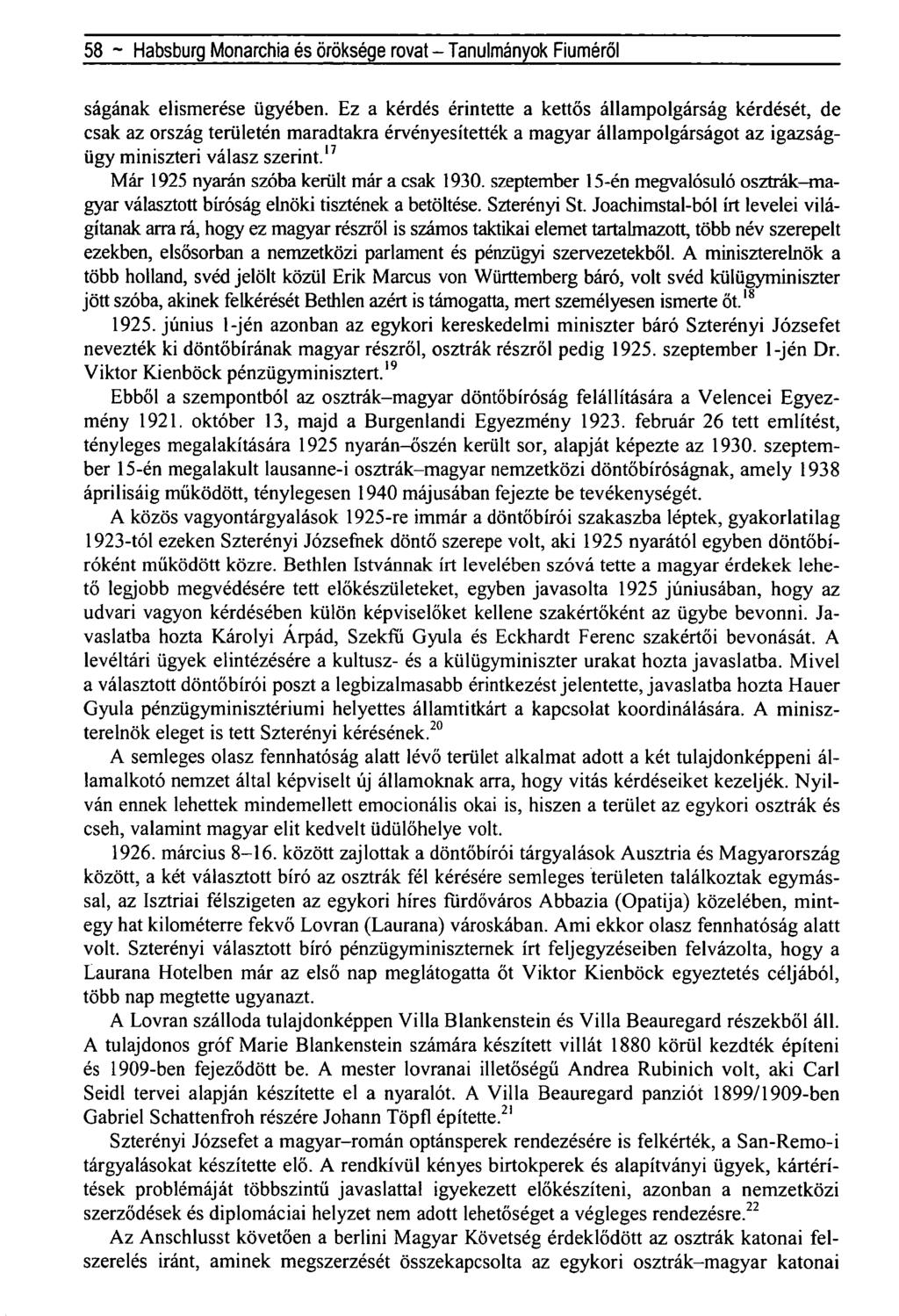 58 ~ Habsburg Monarchia és öröksége rovat - Tanulmányok Fiúméról ságának elismerése ügyében.
