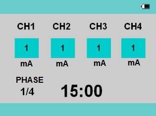 A több fázisból álló programok esetében (2-4, tipikusan NEMS és BEAUTY programok, válópert bizonyos TENS programok) a készülék kijelzője a lejjebb láthatóval megegyező módon jelenik meg, a