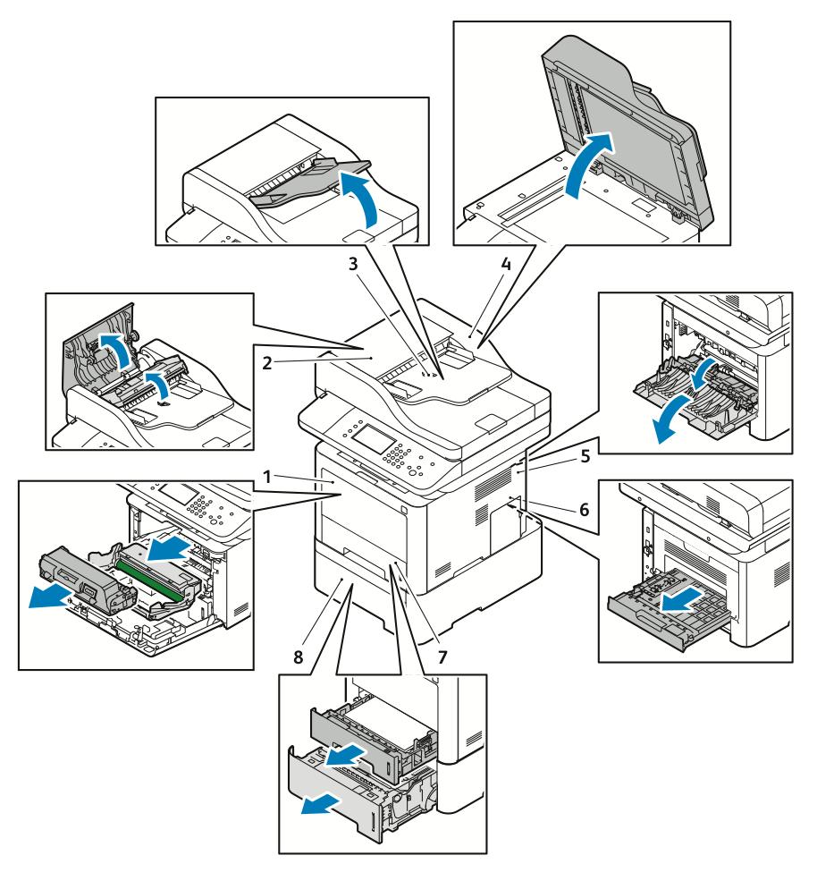 Hibakeresés A következő ábra azt mutatja, hogy a hol történhetnek papírelakadások a papírúton: 1. Kézitálca és a nyomtató elülső oldalán 5. A nyomtató hátsó része belüli rész 6. Kétoldalas terület 2.