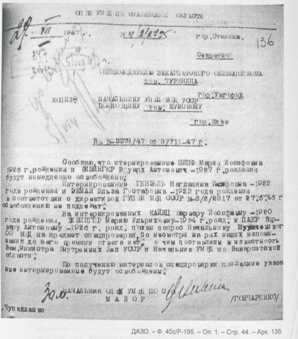 1947. július 29. A Kárpátaljai Sztalinszkij körzeti népi bizottságok helyettes vezetőjének jelentése a kárpátaljai internált lakosokról. Kárpátaljai Állami Területi Levéltár Fond 40c/P-195 Opisz 1.
