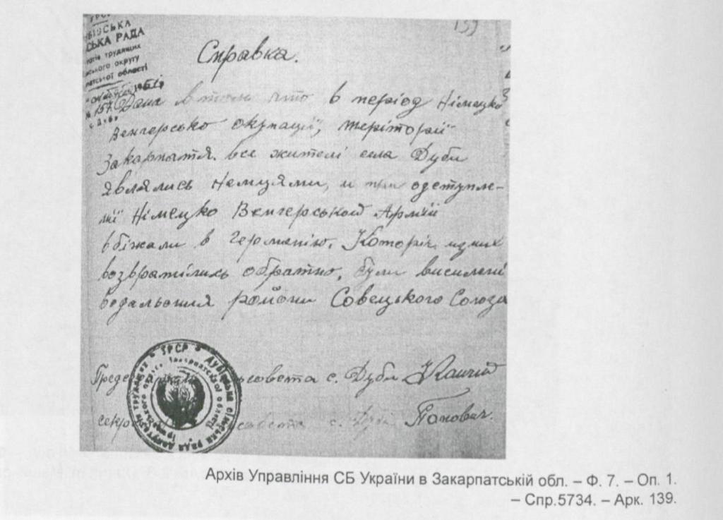 Dubi falu tanácsa tájékoztatása, hogy a magyar-német megszállás alatt az egész falu német volt, és a hadsereggel