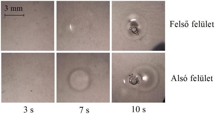 Áteresztés (%) Bauernhuber Andor 100 90 80 70 60 50 40 30 20 10 0 0 2 4 6 8 10 Besugárzási idő (s) Ø2,5 mm Ø3 mm Ø4 mm Ø5 mm 0% áteresztés Foltátm.