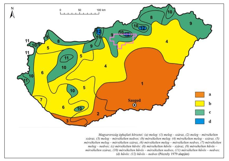 Hatvan Komplex érzékenységi és terhelhetőségi vizsgálati jelentés 18 4 ábra Magyarország éghajlati körzetei (SÜMEGHY, UNGER 26), rózsaszín vonallal a vizsgálati terület határa Az évi napfénytartam