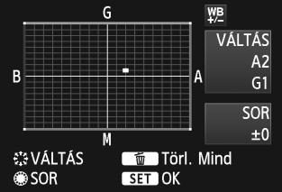 Beállítási példa: A2, G1 2 Állítsa be a fehéregyensúly-korrekciót. A <9> vezérlő segítségével a jelzést a kívánt helyre mozgathatja. B = kék, A = sárga, M = bíbor, és G = zöld.