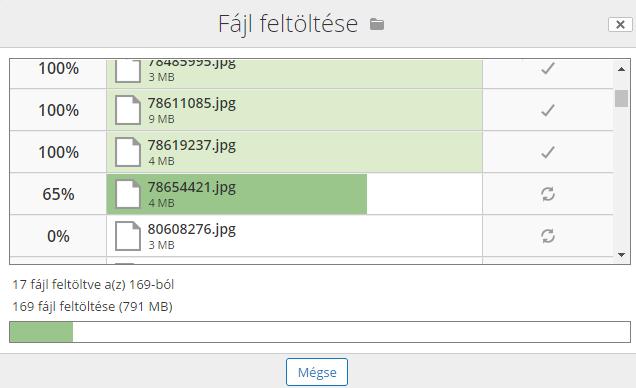 A fájlk kiválasztását követően megjelenő ablakban látható a fájlk feltöltésének állapta. A feltöltés végeztével az ablak autmatikusan bezárul.