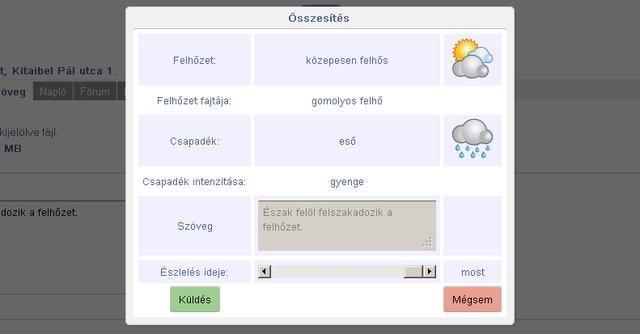 Összesítés Az Összesítés (felugró ablak) elküldés előtt megmutatja a különböző lapokon kiválasztott illetve beírt adatokat. Itt pontosíthatjuk az észlelés idejét.