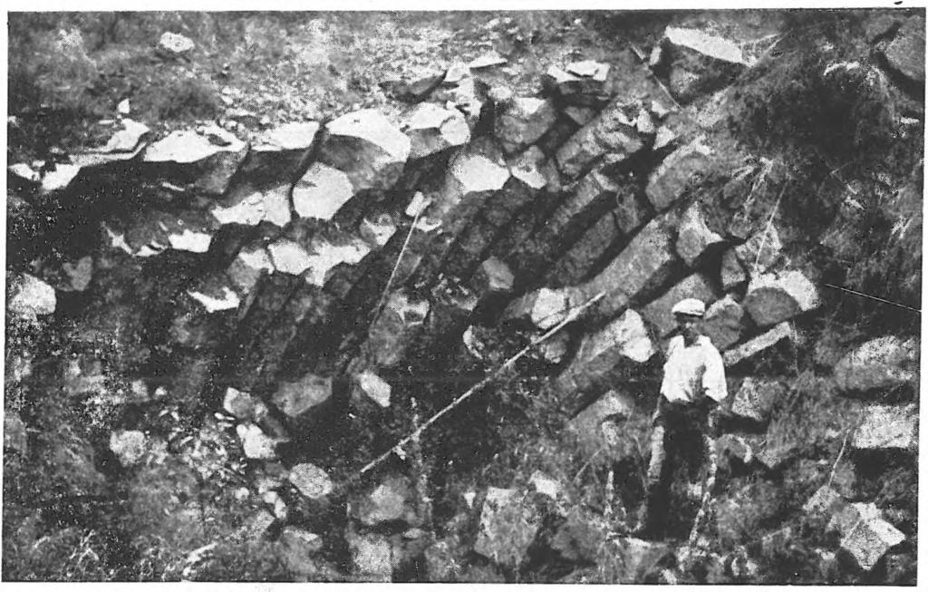 Der untere säulenartig ausgebildete Basalt der Medveser vulkanischen Decke im Báster-Steinbruch.