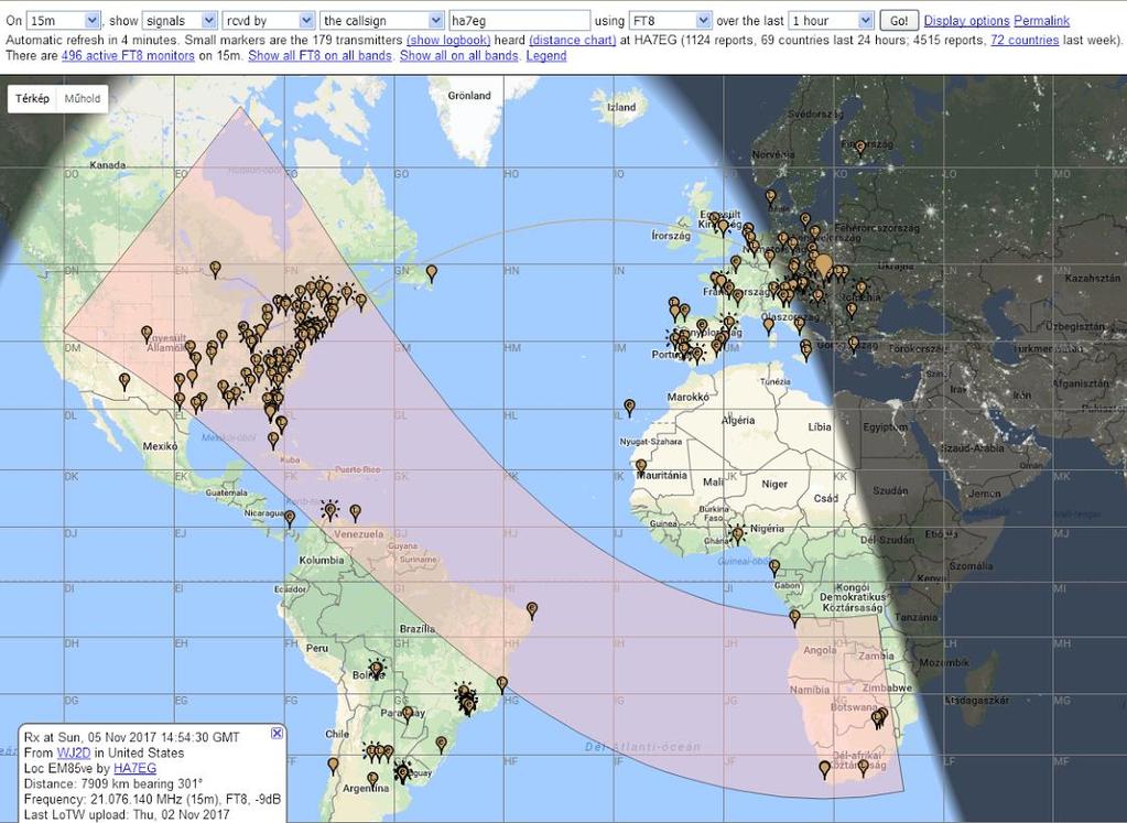 A pskreporter map egyik szolgáltatása a besugárzott