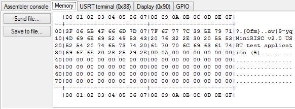 MiniRISC IDE Memory ablak A 128 x 8 bites adatmemória tartalmát jeleníti meg Az egyes adatbájtokra kattintva