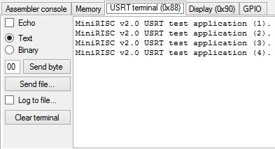 MiniRISC IDE USRT terminal ablak Soros kommunikációs lehetőséget biztosít A leütött karakterek elküldésre