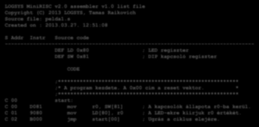 Példaprogramok 1. példa: a DIP kapcsoló állapotának megjelenítése a LED-eken Az assembler által generált listafájl tartalma LOGSYS MiniRISC v2.0 assembler v1.