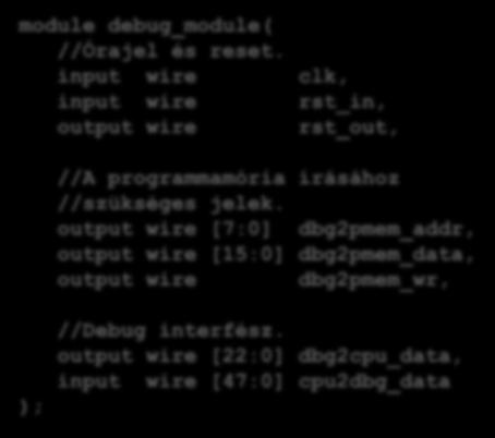 MiniRISC processzor Interfészek (Debug modul, debug interfész) Órajel és reset jelek clk rst_in rst_out dbg2cpu_data cpu2dbg_data Debug modul Programmemória írási interfész dbg2pmem_addr