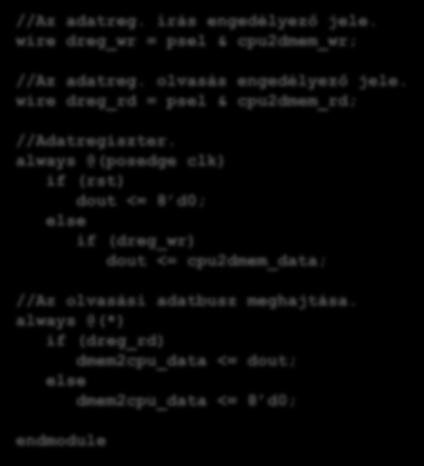 input wire [7:0] cpu2dmem_addr, input wire cpu2dmem_wr, input wire cpu2dmem_rd, input wire [7:0] cpu2dmem_data, output reg [7:0] dmem2cpu_data, //Kimenő adat.