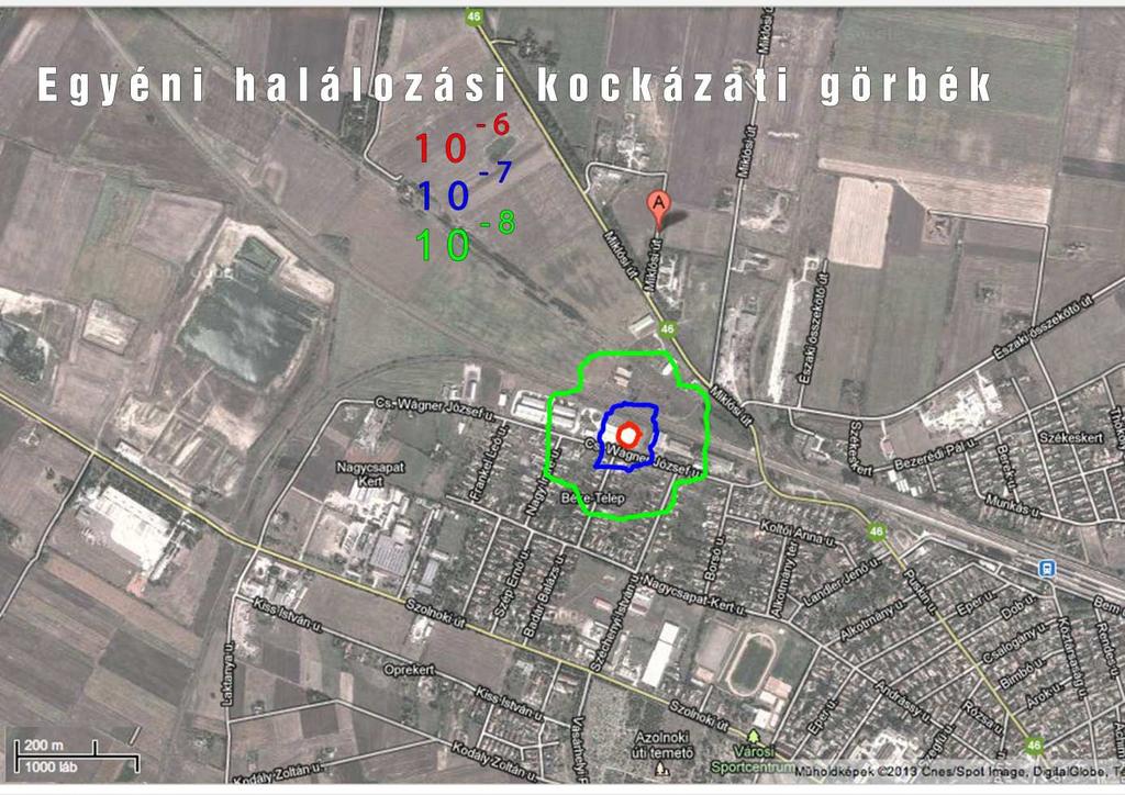 8. ábra: A KITE Zrt mezőtúri alközpontjának összesített egyéni kockázati görbéi a környezet térképén A 219/2011 (X. 20.) Korm. rendelet 7. Melléklet 1.5.