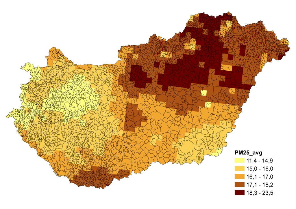PM2,5 éves átlag koncentráció (µg/m3) 1 km2-es négyzetháló, 2014.
