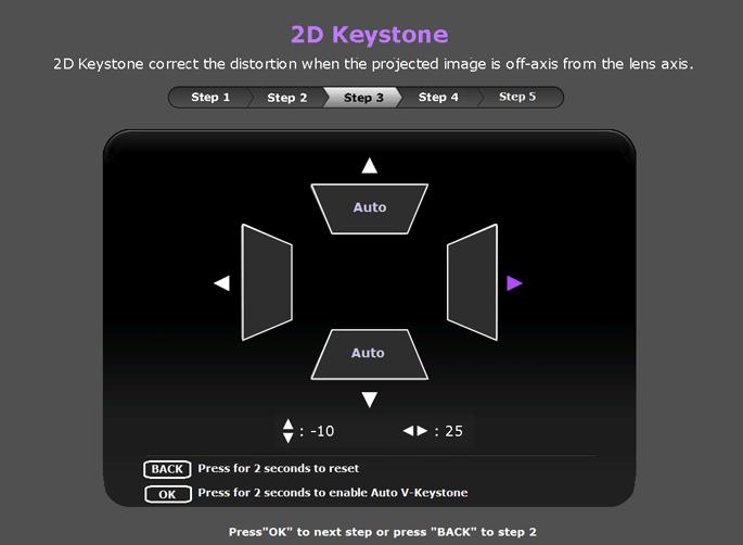 3. lépés: Határozza meg a következőt: 2D Keystone (2D trapéz). A trapézkorrekcióról bővebb információkért lásd a(z) Trapéztorzítás korrekciója című fejezetet. 4.