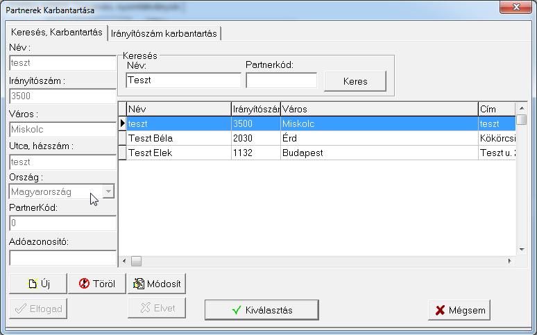 Ha több azonos nevű partnerrel is rendelkezik, akkor az 5. karakternél előugrik a Partnerek karbantartása ablak, ahol egyszerűen ki tudja választani a megfelelő partnert.