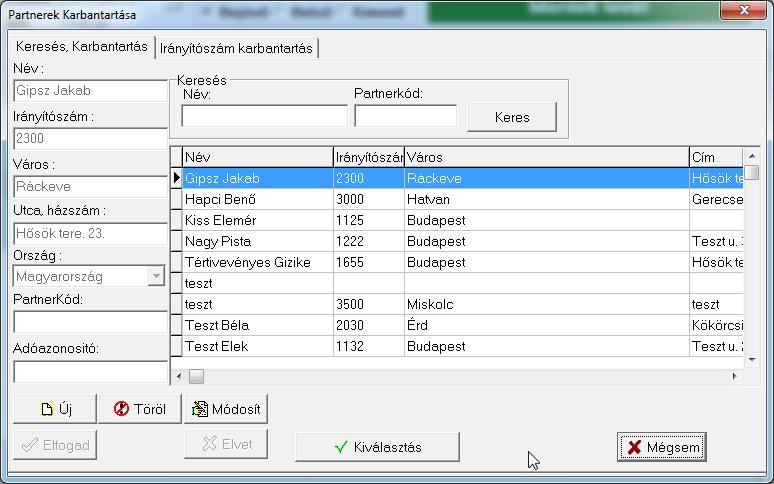 Partnerek karbantartásának lépései a következők: 1. Új létrehozásához kattintson az Új gombra, meglevő módosításához pedig a Módosít gombra. 2. Töltse ki a mezőket a megfelelő adatokkal. 3.