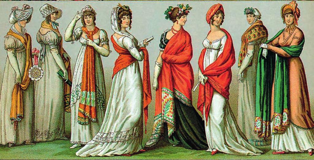 A nők római tunikára emlékeztető lenge, mell alatt megkötött, kényelmes, fehér vagy pasztellszínű ruhát viseltek. A mell alatti vonalat színes szalaggal hangsúlyozták.