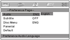Személyes beállítások oldala Audió: Adja meg a DVD lemez hangjának kívánt nyelvét. Alapbeállítás: ENG (angol).