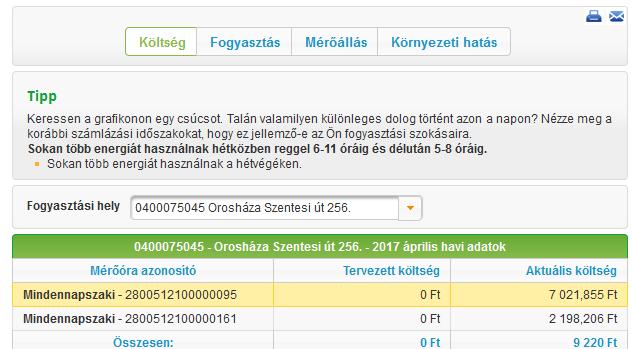 Több mérőóra esetén (vezérelt és mindennapszaki): Részletekre kattintással, amennyiben Ön rendelkezik vezérelt (éjszakai) tarifával is, akkor azon mérőre kell kattintani amelynek adatait, szeretné