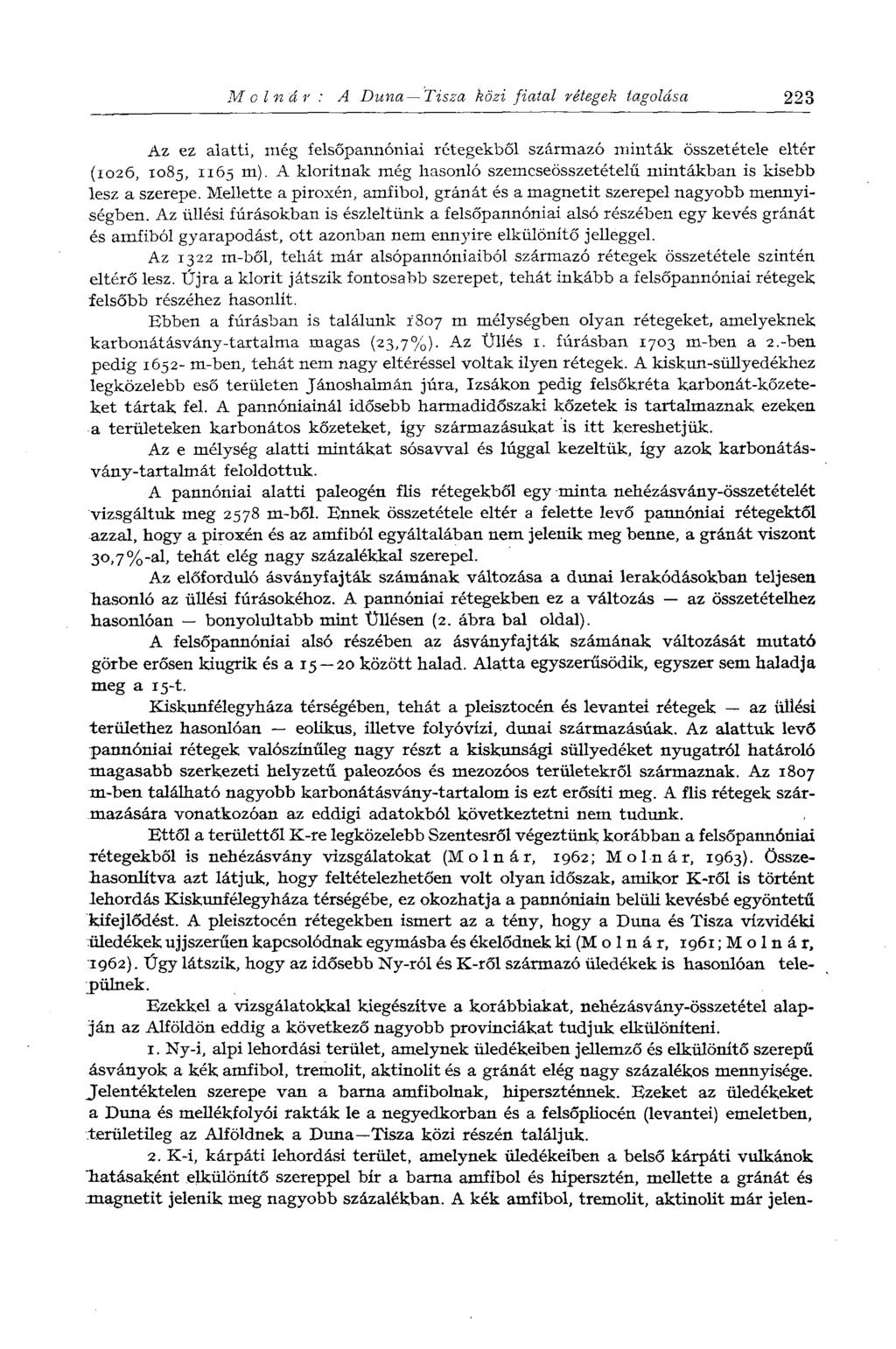 Molnár: A Duna Tisza közi fiatal rétegek tagolása 223 Az ez alatti, még felsőpannóniai rétegekből származó minták összetétele eltér (1026, 1085, 1165 m).