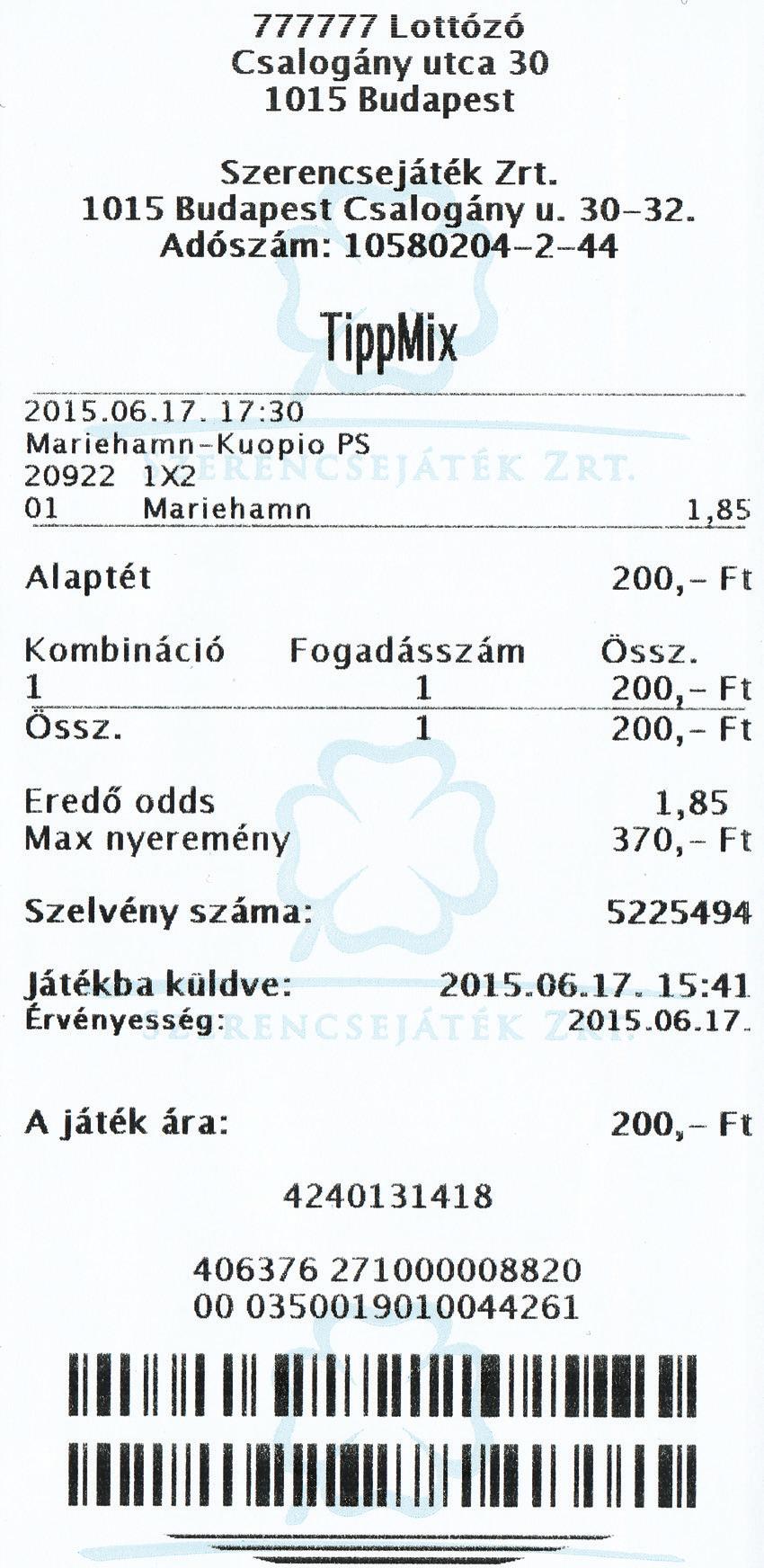 Az átvételi igazolás (nyugta) Adja át a kitöltött segédszelvényt az eladónak, hogy arról a terminál átvételi igazolást nyomtasson. Fontos!