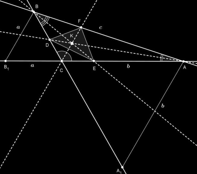 BFC CFA DFE DFC CFE, 0 80 DFE 0 90, tehát a belső szögfelezőknek a szemben levő oldalakkal való metszéspontjai valóban derékszögű háromszöget alkotnak, melynek derékszögű csúcsa az AB oldalon van.