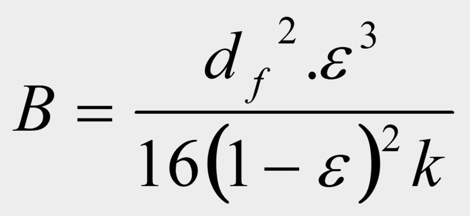 Kozeny-Carman egyenlet rostos szűrő közegre Szűrés sebessége B d f ε