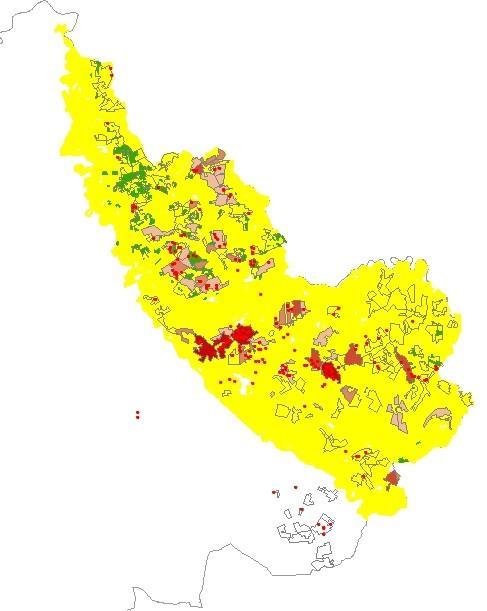 Az RTM adatbázisban a Szatmár-Bereg területéről 2001, 2004 és 2010 évekből rendelkezésre álló haris előfordulási adatok (piros árnyalatai) és az MTÉT terület (sárga)