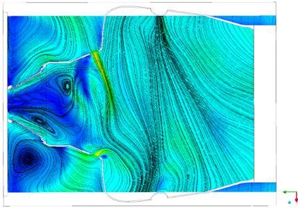 The prominent feature of this view is the vortex system caused by the complex geometry.