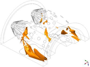 Figure 19 Hot areas (left) and temperature distribution in 1/2O plane (right) The geometry is doubled, it has rotational periodicity with 180 in the presented simulation case.