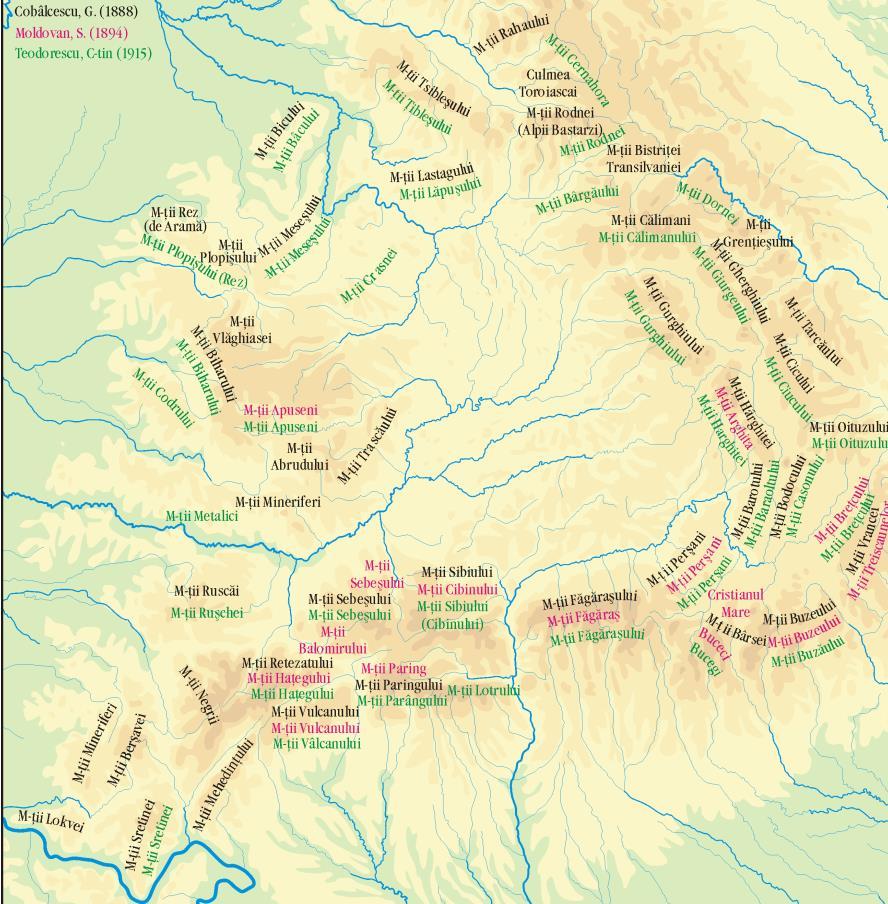 Tájbeosztások: Cobâlcescu 1888, Emmanuel de Martonne 1925k, Mihăilescu 1931, Posea 1984 Kárpátok Keleti-Kárpátok Erdélyi-havasok