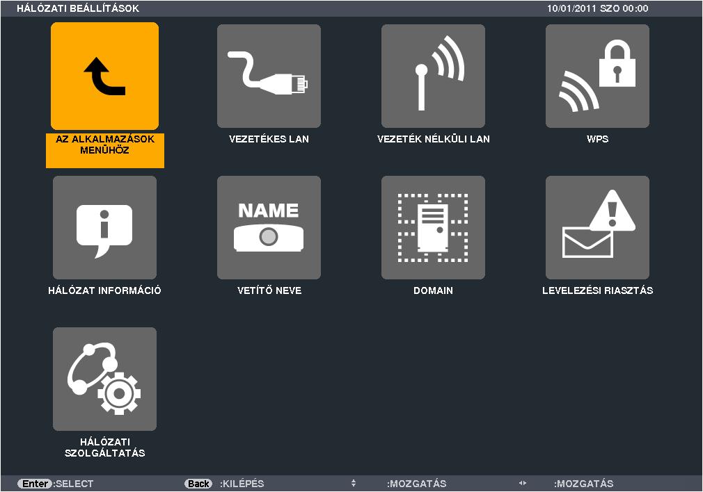 5. A projektor menüjének használata NETWORK SETTINGS (HÁLÓZATI BEÁLLÍTÁSOK) Figyelem! Ezeket a beállításokat egyeztesse a hálózati rendszergazdával.