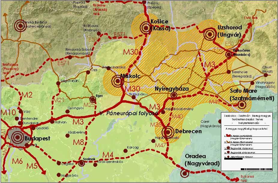 22. térkép: Szabolcs-Szatmár-Bereg megye nagytérségi kapcsolatai Forrás: Szabolcs-Szatmár-Bereg megye területrendezési terve Az európai integrációnak és az egységes piac kiépülésének fontos feltétele