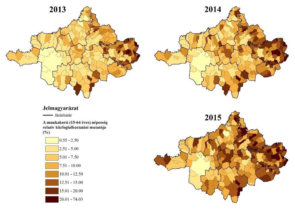 21. térkép: A munkaképes korú népesség relatív közfoglalkoztatási mutatójának területi koncentrációja Szabolcs-Szatmár- Bereg megyében 2013 és 2015 között Forrás:(TeIR) BM, KSH-TSTAR adatai alapján