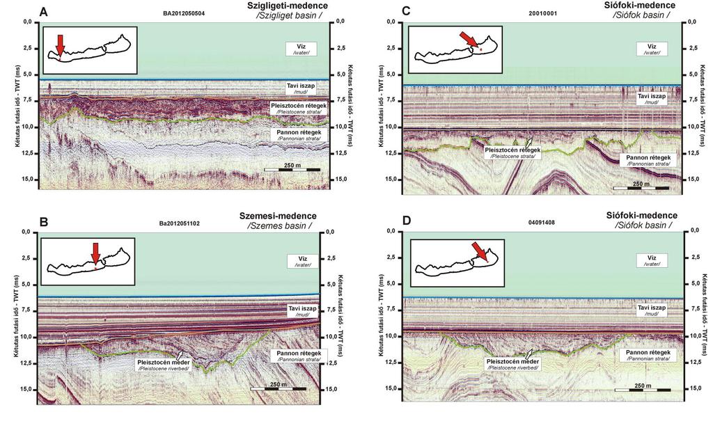 5.3. ábra: Pleisztocén folyóvízi rétegekhez kapcsolódó szeizmikus fáciesek a Balaton különböző részmedencéiben.