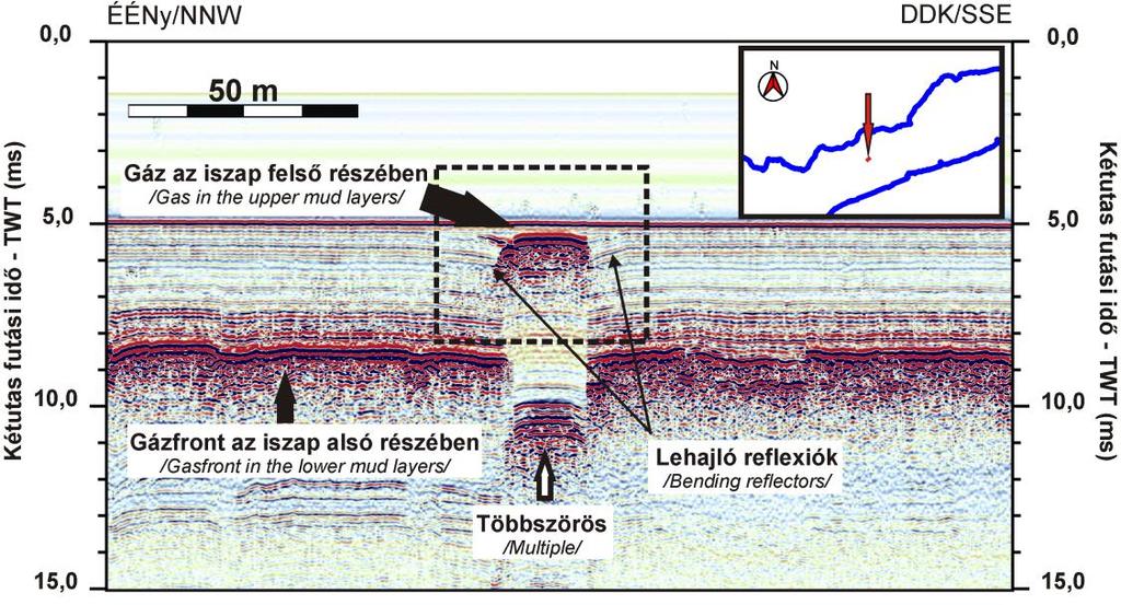 A jelenség a tó területén több helyütt megfigyelhető, de kizárólag a tavi iszap bázisához kapcsolódóan. Figure 6.5. Shallow gas related sediment failure(?) in the lacustrine mud of Szigliget basin.