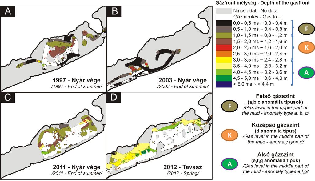 6.13. ábra: A Szemesi-medence üledékeinek szabad gáztartalmában bekövetkezett időbeli változások 1997 és 2012 között (Visnovitz et al., in press alapján).