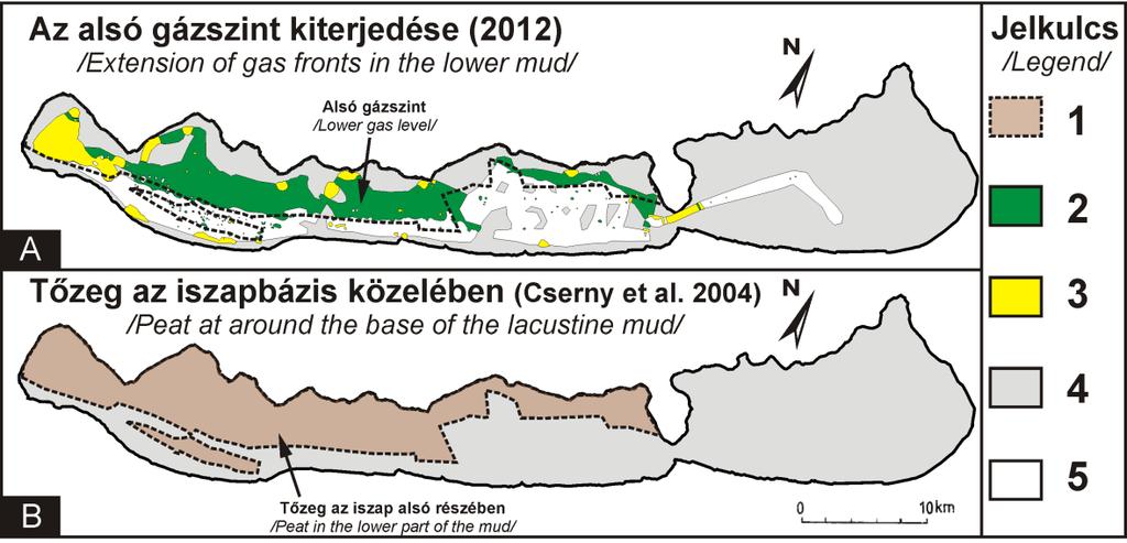 6.16. ábra: Az alsó gázszint kapcsolata az iszap alsó részében azonosítható tőzegrétegekkel (Visnovitz et al., in press).