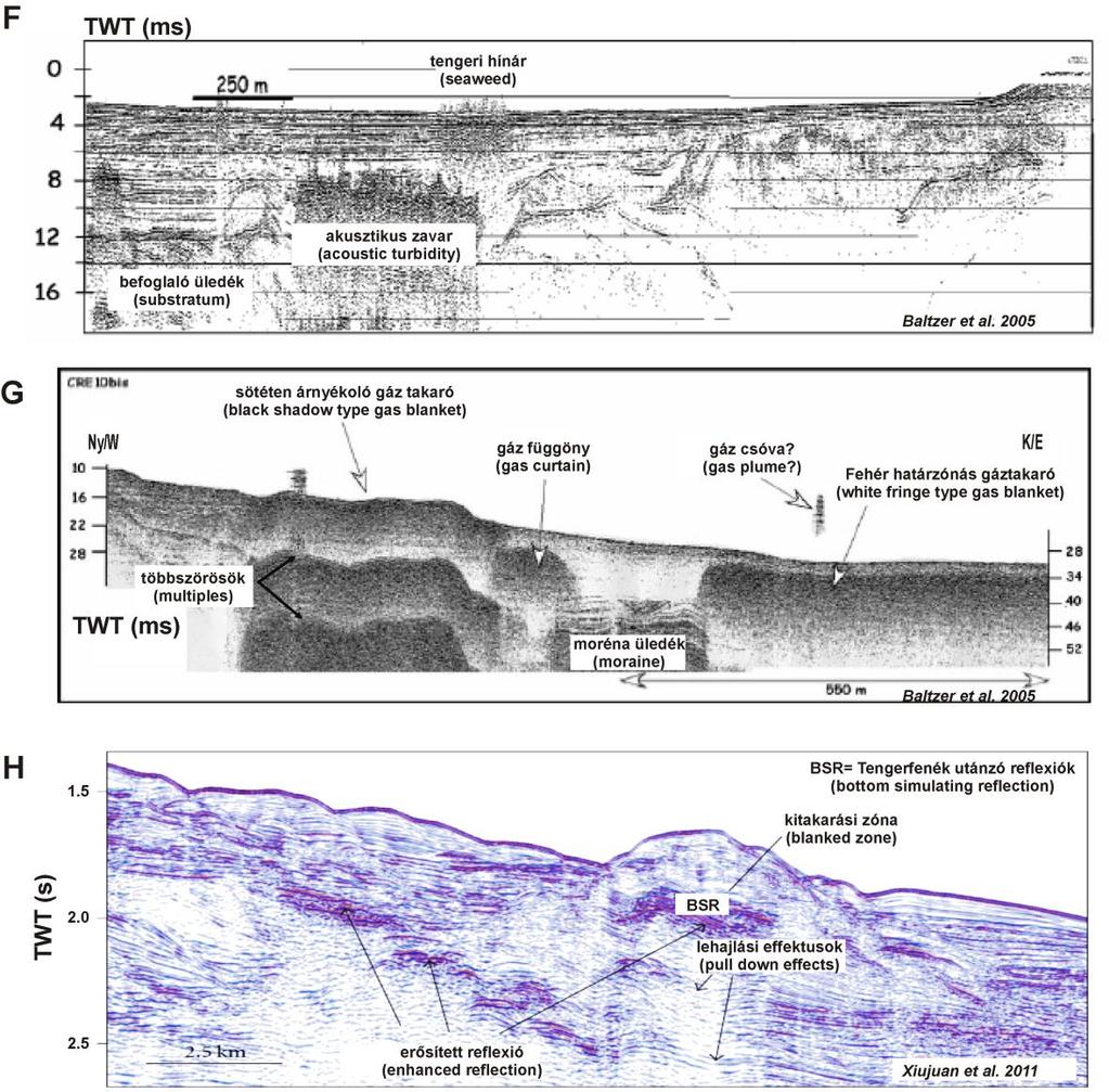 F5/1. ábra folyt.: Irodalmi példák szeizmo-akusztikus gázindikációkra és anomáliákra 2. F) Akusztikus zavar egy Seistec felvételen a Thau lagúnából (Baltzer et al.