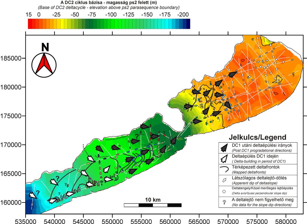 3.18. ábra: A DC2 deltaciklushoz tartozó deltalejtők térképezett áldőlései és az ezek alapján feltételezett lebenyépülési irányok.