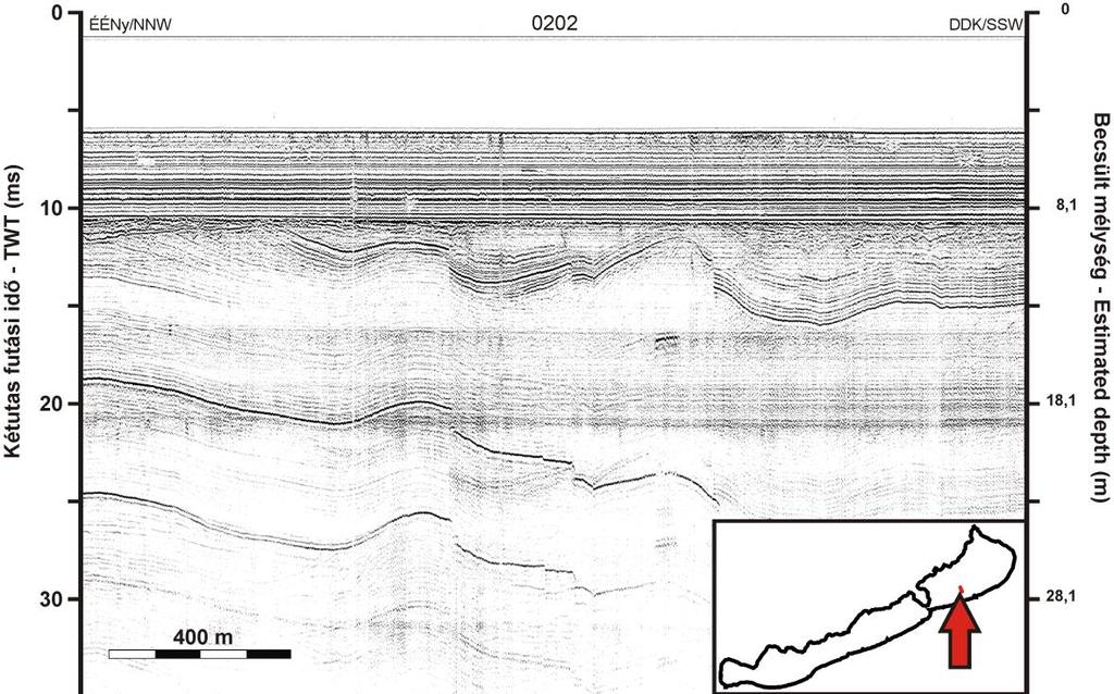 4.2. ábra: Ultranagy felbontású Seistec szelvény és értelmezése a Siófoki-medence déli részéről, melyen egy, több vetőből (fekete