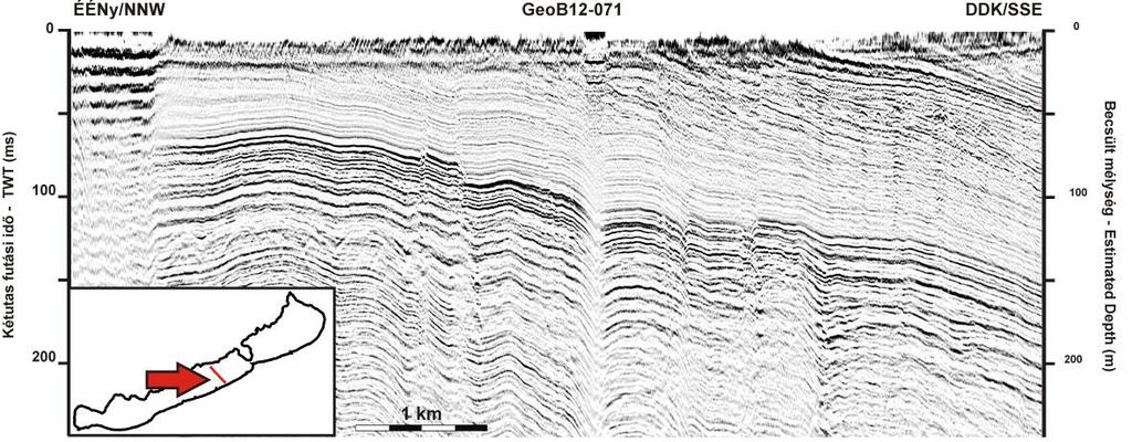 4.6. ábra: Többcsatornás vízi szeizmikus szelvény és értelmezése a Szemesi-medence belső részéről (Visnovitz et al 2015).