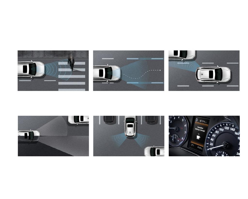 Elülső ütközésre figyelmeztető rendszer, gyalogosfelismerő móddal (FCA) Az FCA rendszer az előre felszerelt kamerát és a radaros érzékelőt használja a jármű előtt haladó forgalom megfigyelésére.