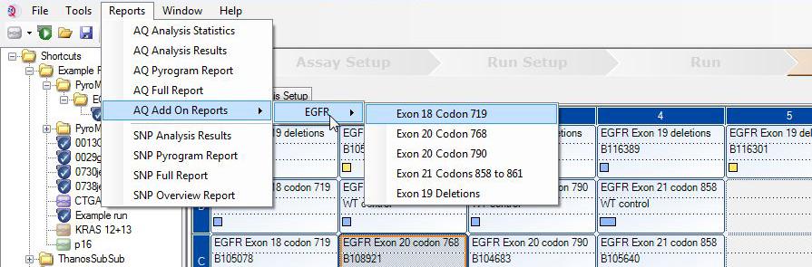 4. A Reports menüben válassza az AQ Add On Reports/EGFR menüpontot, majd az Exon 18 Codon 719 (18. exon, 719. kodon), az Exon 20 Codon 768 (20. exon, 768. kodon), az Exon 20 Codon 790 (20. exon, 790.