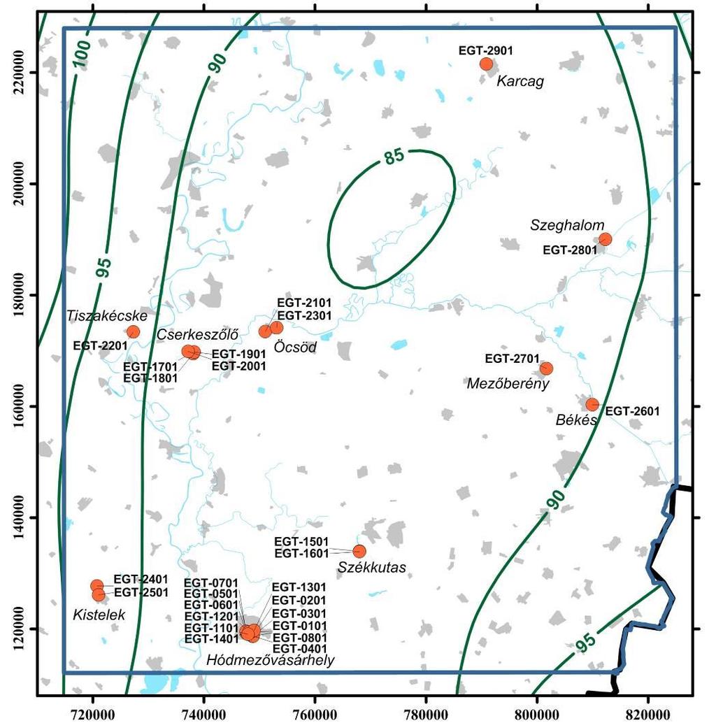 12. ábra A vízmintavételi helyek térképi megjelenítése (narancssárga kör) a fő termálvízadó rétegben (Újfalui Formáció) tárolt vizek potenciál-eloszlásának (zöld folytonos vonal; mbf)