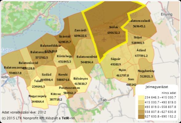 61 2.7-14. ábra: Egy lakosra jutó éves nettó belföldi jövedelem a Siófoki járásban, 2012, Ft Forrás: Lechner Nonprofit Kft.