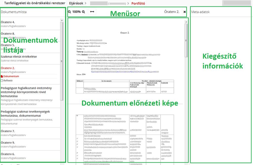 Az intézményvezető (intézményi munkatárs feladatai) Tanfelügyeleti és Önértékelési Rendszer 60 85. kép Portfólió megtekintése A Dokumentummegjelenítő felület három részből áll (85. kép).